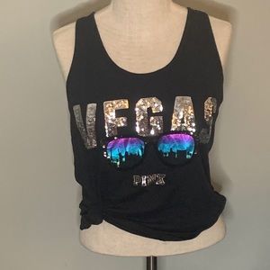 PINK VS VEGAS sequin black tank top size Small S